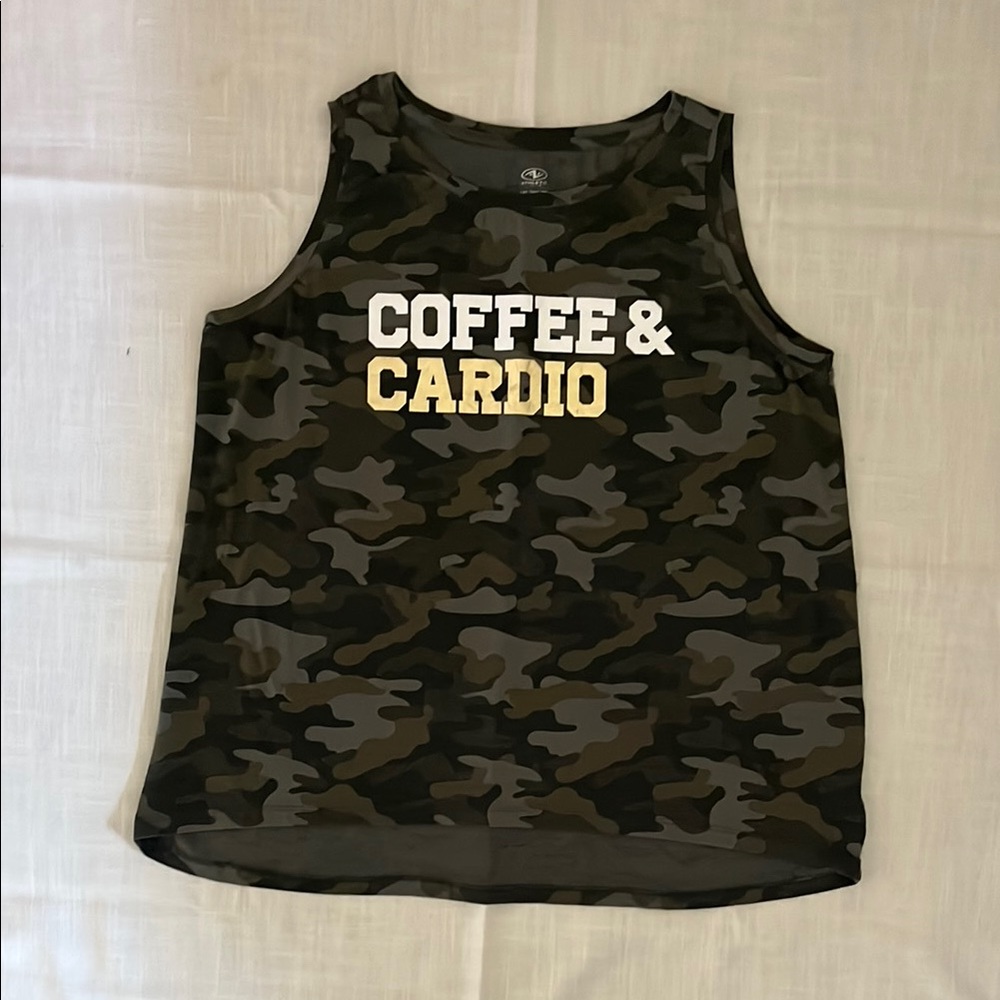 Athletic Works Green and Brown Camouflage Tank Top Coffee & Cardio